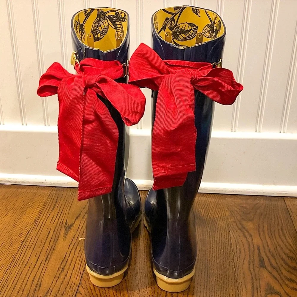JOULES Navy Blue Tall Rain Boots with Red Bow and Toile Lining Size 9 - Picture 12 of 13